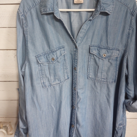 Philosophy Women's Size XL Blue Denim Long Shirt Dress Roll Tab Sleeve Pockets - Picture 8 of 15